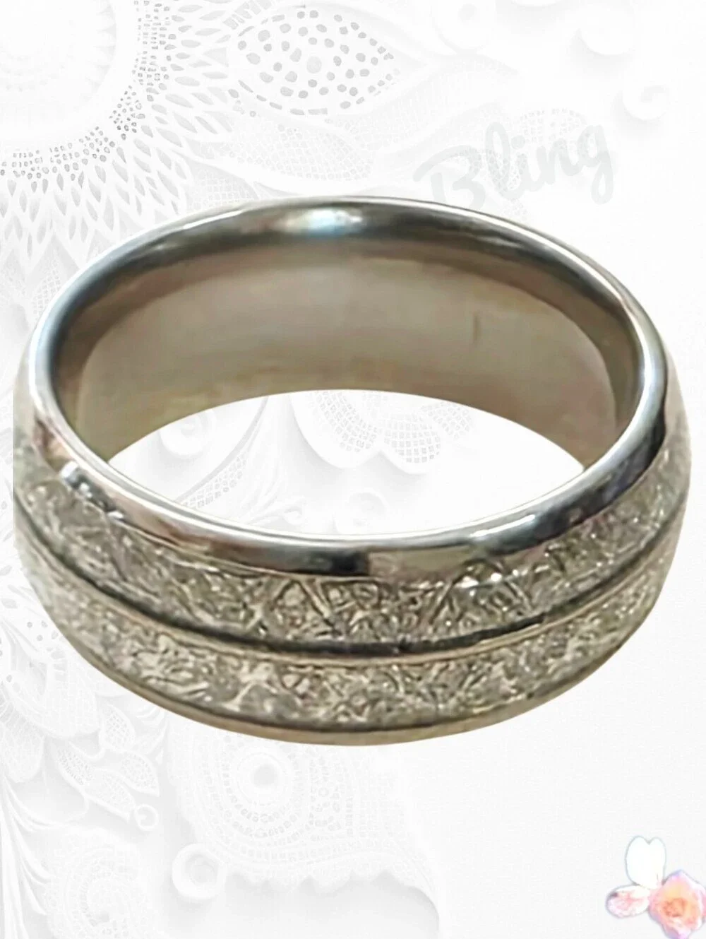 Chunky Etched Inlay Band Ring Minimalist Unisex Smooth Comfort Fit Size 8.5